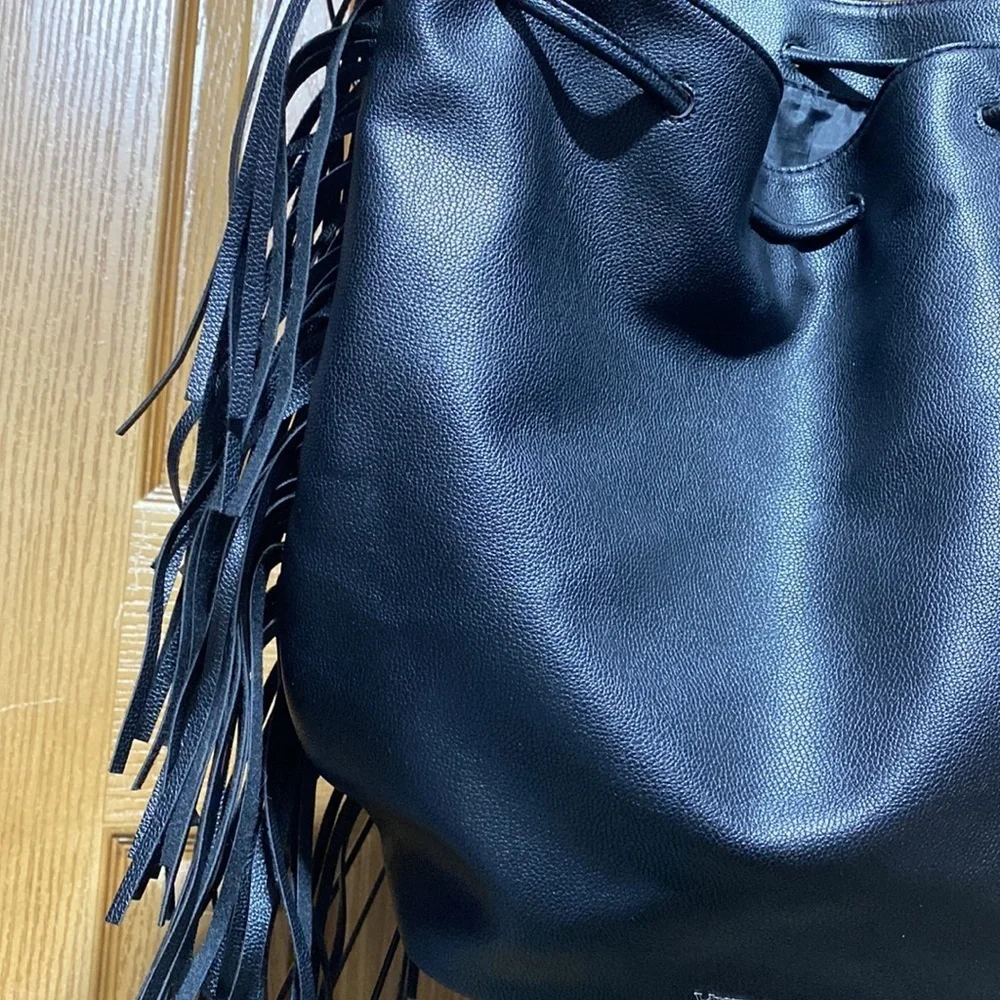 Victoria's Secret Black Fringe Tassel Backpack Drawstring Purse New - Picture 3 of 7
